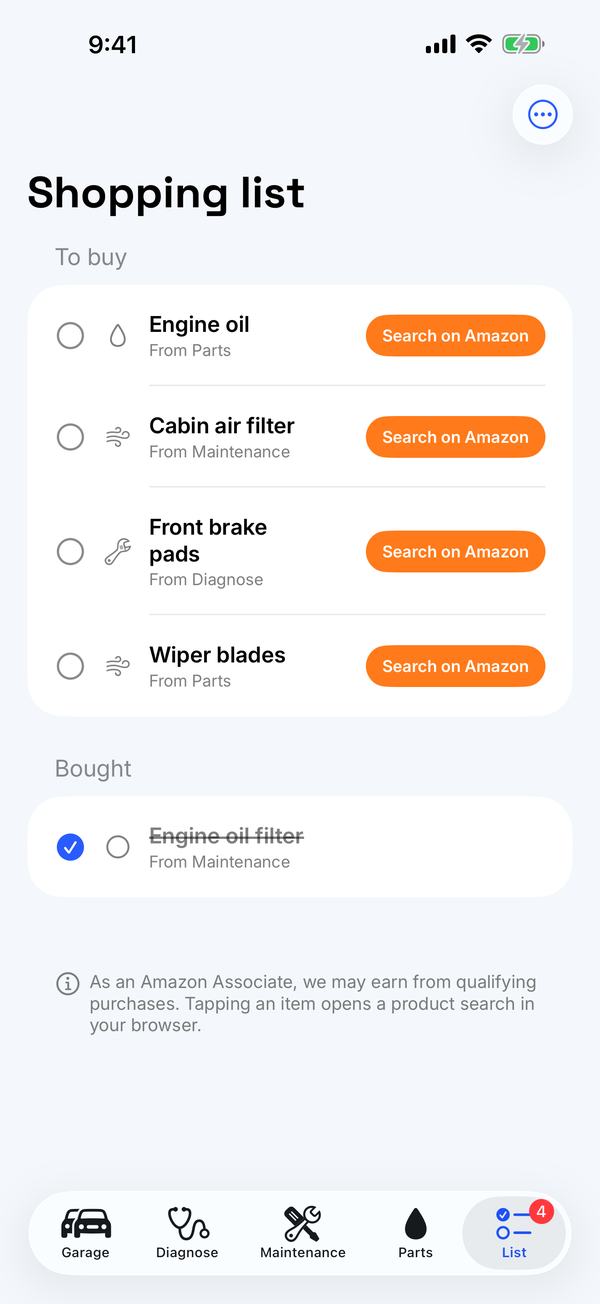 Shopping list screen — everything you picked in one checklist