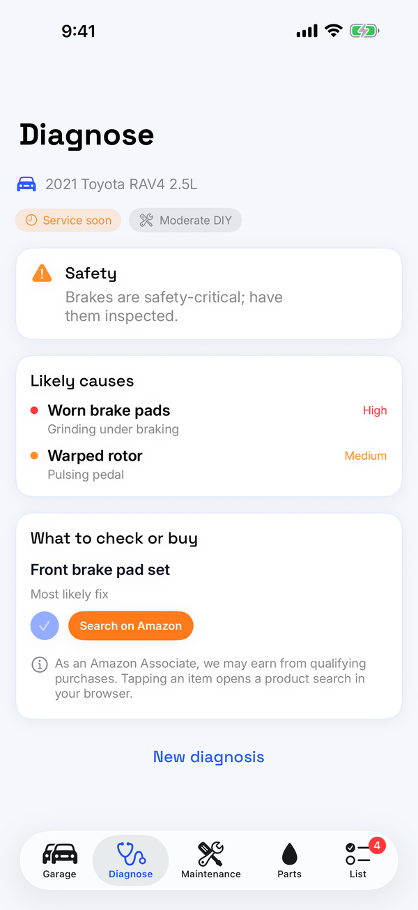 PitCrewAI diagnosing a brake symptom — likely causes, urgency and the right part