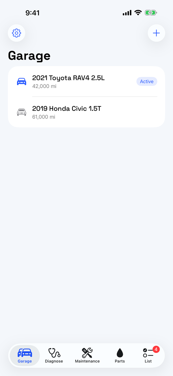 Garage screen — every car, mileage and engine in one place