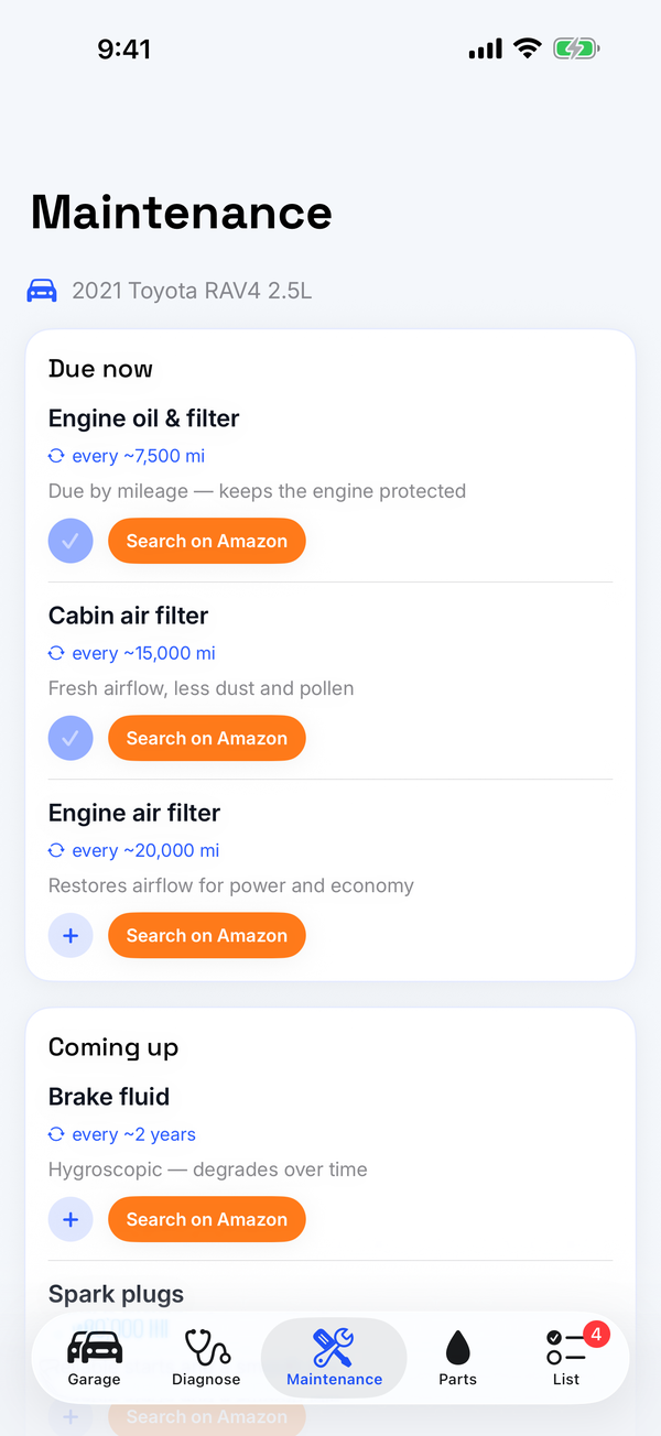 Maintenance screen — a service plan tuned to your mileage