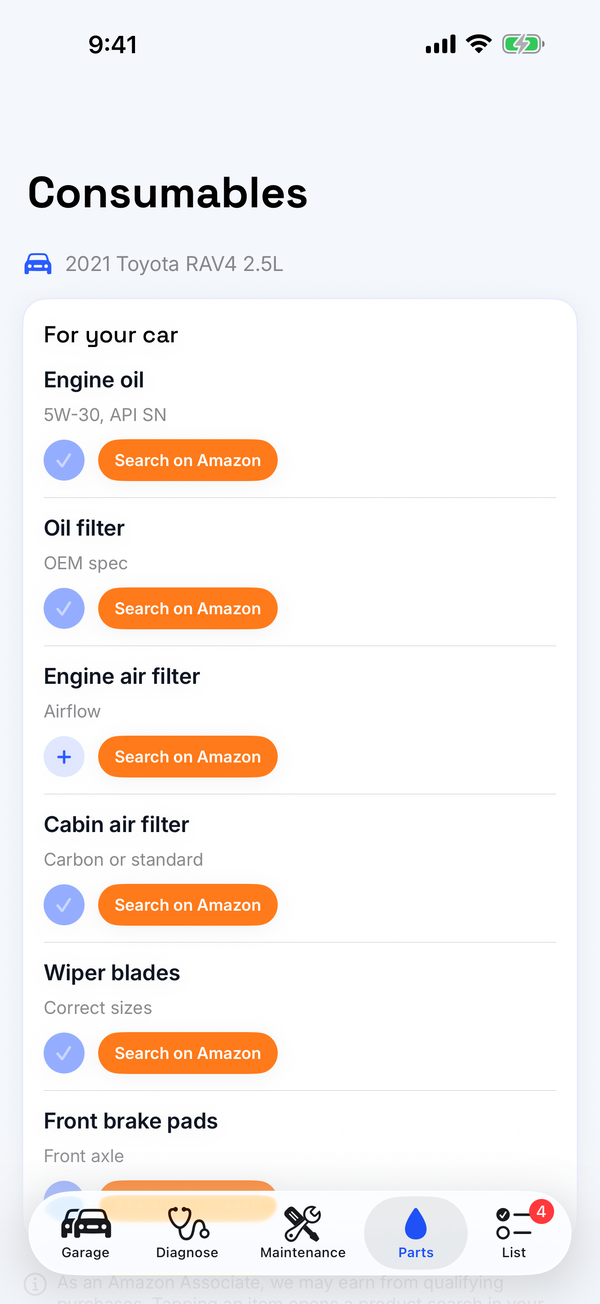 Parts screen — the right consumables for your car